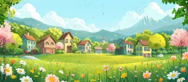 Obraz Spring Meadow with Houses in a Peaceful Village Landscape under a Blue Sky and Fluffy Clouds