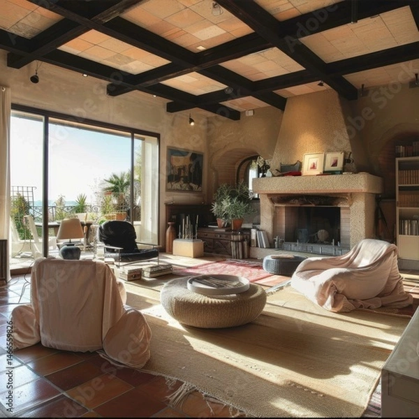 Obraz Stylish Interior Lounge with Comfortable Armchairs and Textured Surfaces Under Exposed Beam Ceiling