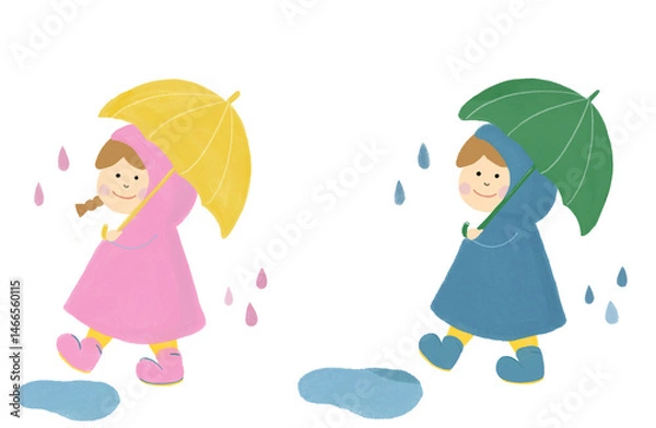 Obraz 傘を持っている子供、雨の日の男の子と女の子、6月の色鉛筆風イラスト、子供の手描き風イラスト、６月の手描き風イラスト