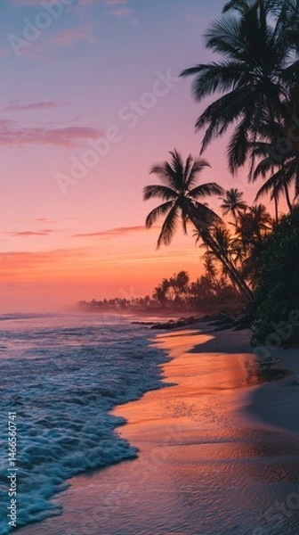 Obraz Tropical Beach Paradise at Dusk with Palms and Ocean Waves Gentle Glow Serene Evening Scene