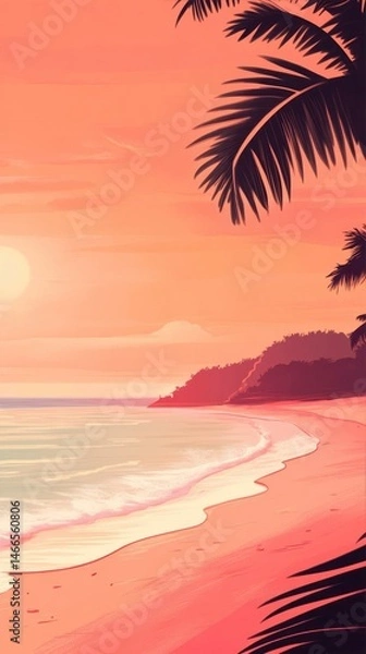 Obraz Tropical Beach Sunset Landscape Palm Trees Silhouettes Tranquil Paradise Nature Escape at Dusk or Dawn