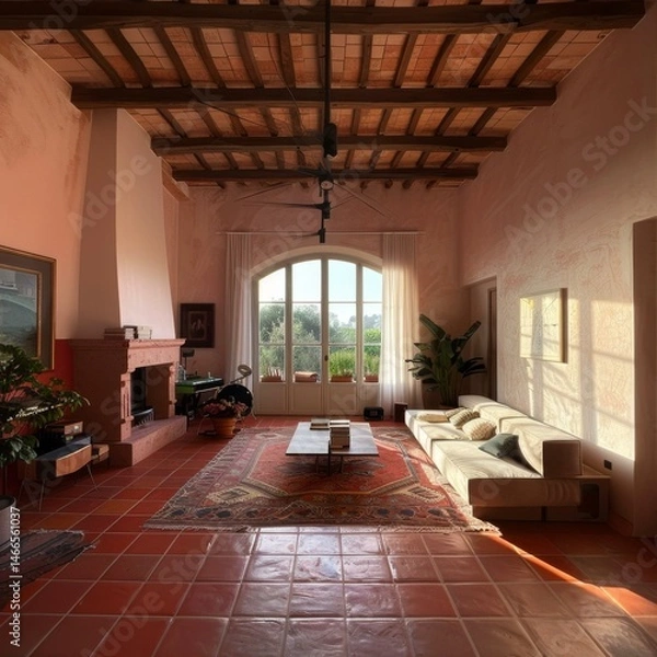 Obraz Tuscan Inspired Living Room with Elegant Sofa and Rustic Ceiling Beams Under a Stylish Fan Fixture
