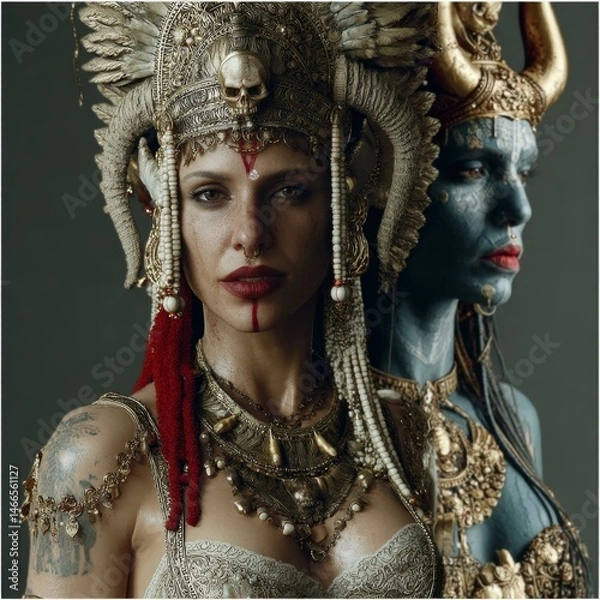 Obraz Twin Goddesses Adorned with Horns and Skull Headdress in Divine Mystical Portraiture