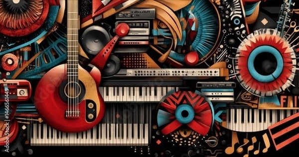 Obraz Vibrant Musical Instrument Montage with Harmonious Graphics and Energetic Rhythms Collage Artwork