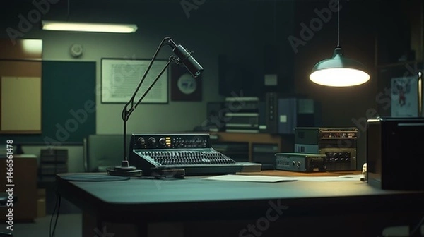 Fototapeta Vintage Audio Mixing Console and Microphone Setup in a Dimly Lit Radio Broadcast Studio