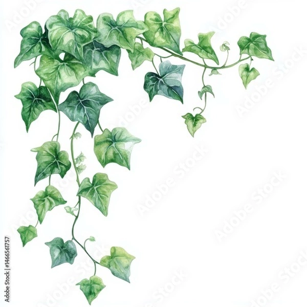 Obraz Watercolor Green Ivy Plant Leaves Cascading Down Artistically Styled on White Background Serene