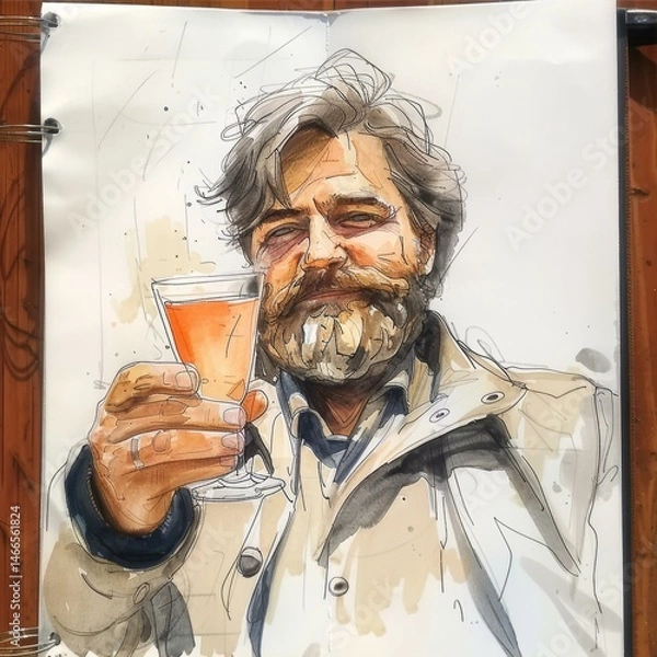 Obraz Watercolor Sketch of a Bearded Man Holding a Drink in a Glass Expressive Artistic Portrait