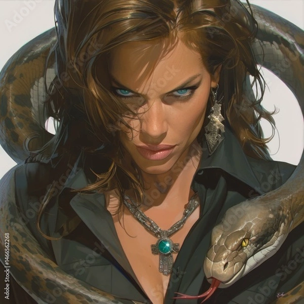 Obraz Woman with Commanding Gaze and Serpent Companion Revealing a Captivating Connection