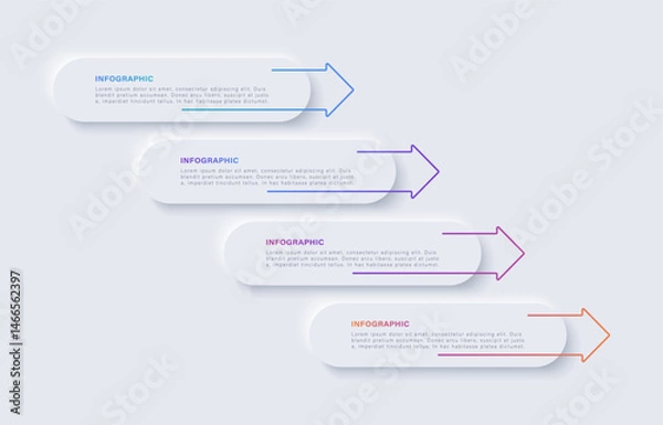 Fototapeta Neumorphism infographic design template with arrows. Four steps or options with text