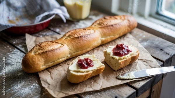 Fototapeta Fresh Baguette with Butter and Berry Jam on Rustic Wooden Table.
