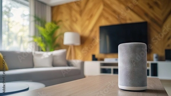 Fototapeta Smart speaker displaying audio content and connected home device list