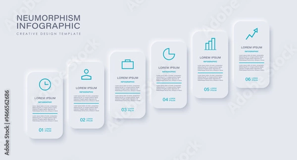 Obraz Neumorphism timeline infographic. Business concept with 6 steps or processes. Infographics design with icons and text