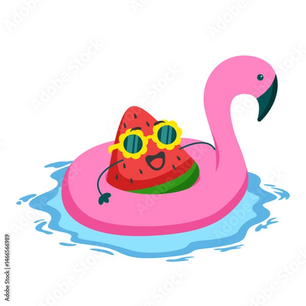 Fototapeta watermelon slice mascot character using flamingo swimming float illustration