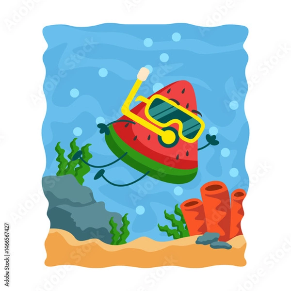 Fototapeta Watermelon slice mascot character dives into the ocean illustration