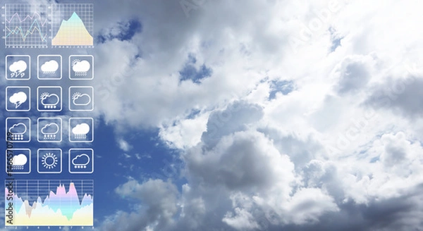 Fototapeta Closeup aerial view of dramatic cloudscape show variety of form and texture with graph and chart on beautiful tropical summer bright blue sky.