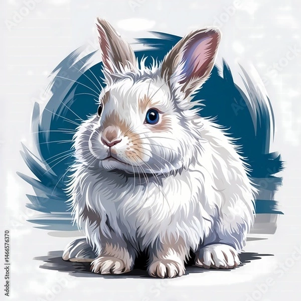 Fototapeta A vibrant digital painting depicts a fluffy Himalayan rabbit with striking blue eyes and a distinctive colorpoint pattern