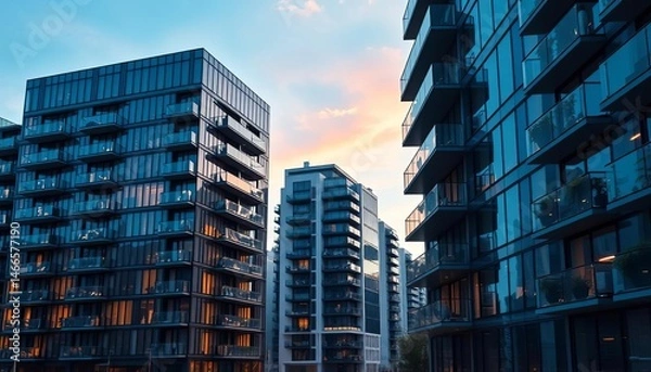 Fototapeta Sleek glass apartment buildings, modern European architecture, residential complex, construction