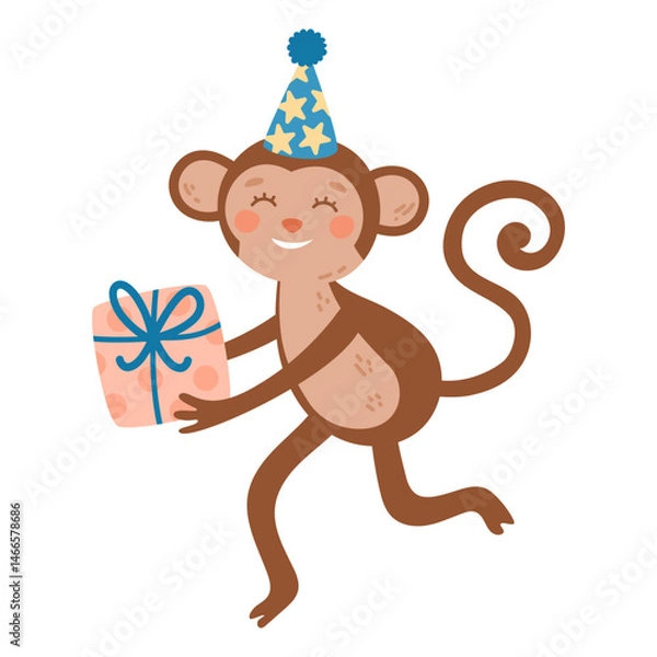 Obraz Cute colorful birthday monkey with gift. Animal character. Hand-drawn vector illustration in flat style.