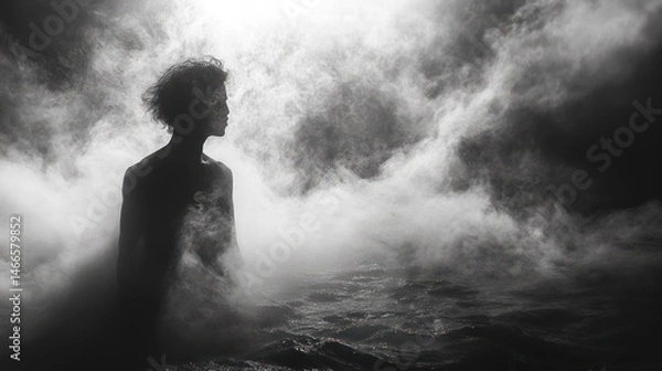 Fototapeta Silhouette of a figure in misty water