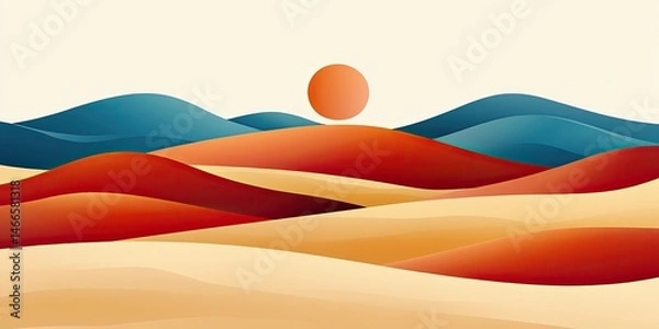 Fototapeta Desert Sunrise Abstract Landscape with Gradient Hills and Sun.