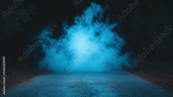 Obraz A dark road is dramatically illuminated by a vibrant, glowing blue mist or smoke rising from the asphalt. Eerie and atmospheric