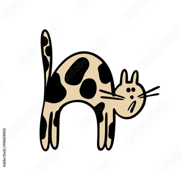 Fototapeta Funny wild cat arched his back, hissing and defending himself from the enemy. Vector illustration of a pet scared. A spotted animal of a rare breed.