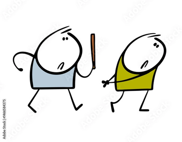 Fototapeta Cartoon strict escort leads the arrested criminal. The pickpocket got caught stealing. Vector illustration of sad stickman, chained hands.