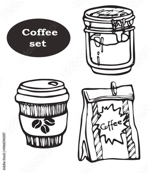 Fototapeta Coffee set of drawn vector doodles,  coffee object collection, jar, pocket, to go, simple doodles line art