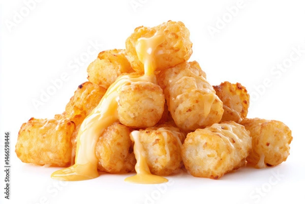 Fototapeta Golden cheese-drizzled tater tots stacked on a white background ready to be enjoyed
