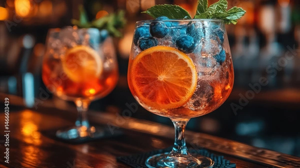 Fototapeta Tree colorful gin tonic cocktails in glasses on bar counter in pup or restaurant