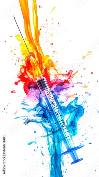 Fototapeta syringe releasing vibrant multicolored liquid bursts, symbolizing creativity, transformation, and the powerful blend of medicine and art on vertical white background