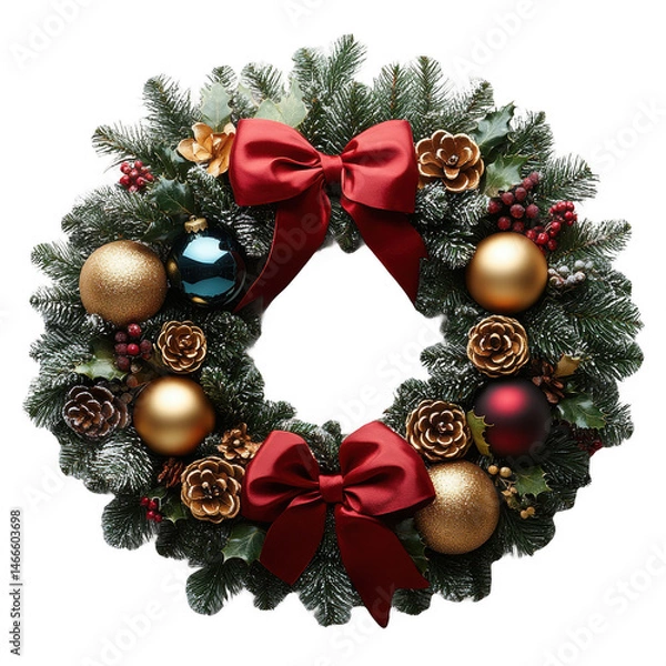 Obraz Buy christmas wreath with red bow ornaments and pine cones for front door on transparent background
