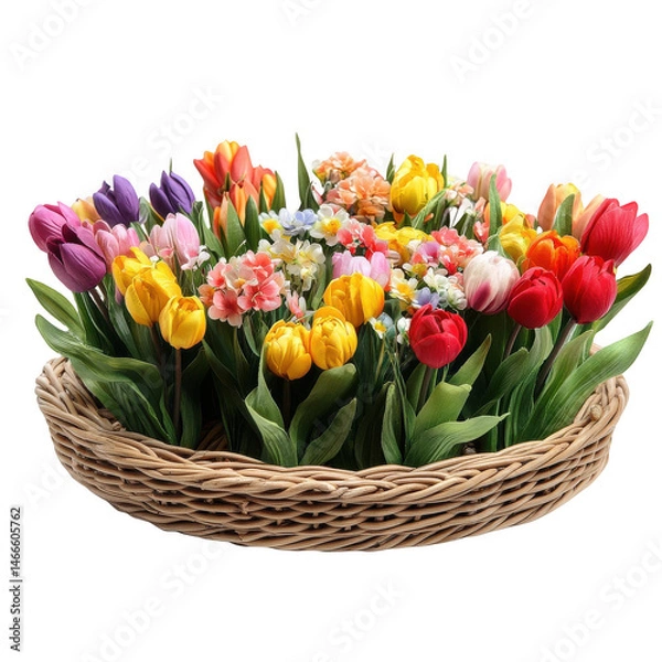 Obraz Colorful tulips bouquet in basket arrangement spring flowers beautiful on transparent background