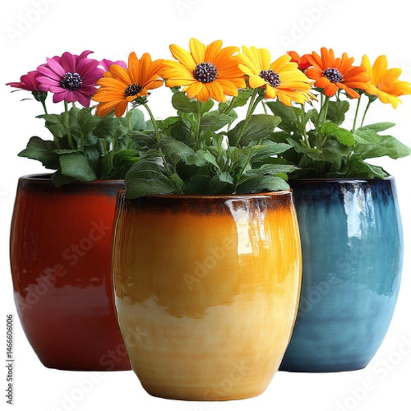 Obraz Colorful flower pots with osteospermum flowers in home garden decor on transparent background