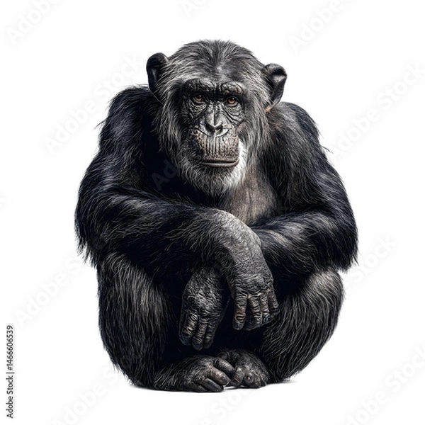 Fototapeta A compelling close-up captures the intense gaze of a chimpanzee with its arms crossed looking directly at the viewer on a stark white studio background.