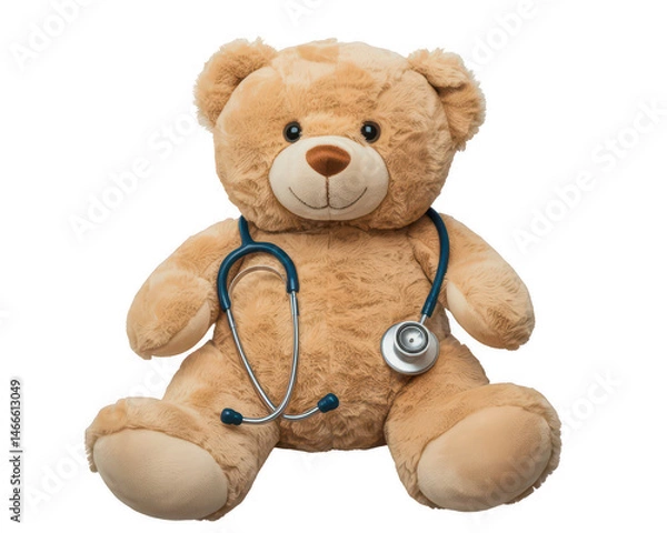 Fototapeta A teddy bear wearing a stethoscope around its neck sitting against a black background in a studio shot