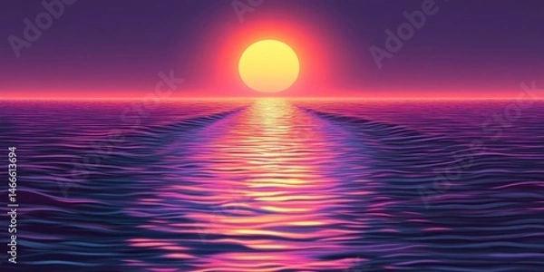 Fototapeta Retro Sun Ocean Vaporwave Synthwave aesthetic horizon background.