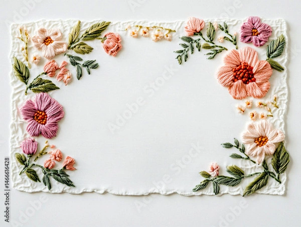 Fototapeta Embroidery Frame with Colorful Floral Patterns and Border on Light Background