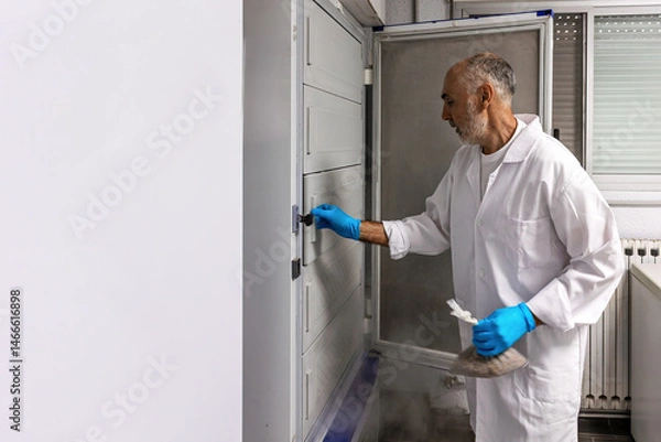Fototapeta Scientist storing biological sample in laboratory ultra-low temperature freezer