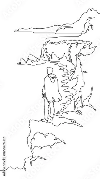 Obraz Continuous one line drawing a man stands on the top of a cliff. Seashore. Ocean bay. Steep cliffs. One continuous line isolated minimal vertical illustration.Not AI.