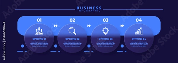 Fototapeta Infographic label design template featuring icons and four distinct steps. Ideal for process charts, presentation slides, workflow schemes, banners, flow diagrams, and data visualizations.