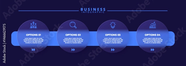 Fototapeta Infographic label design template featuring icons and four distinct steps. Ideal for process charts, presentation slides, workflow schemes, banners, flow diagrams, and data visualizations.