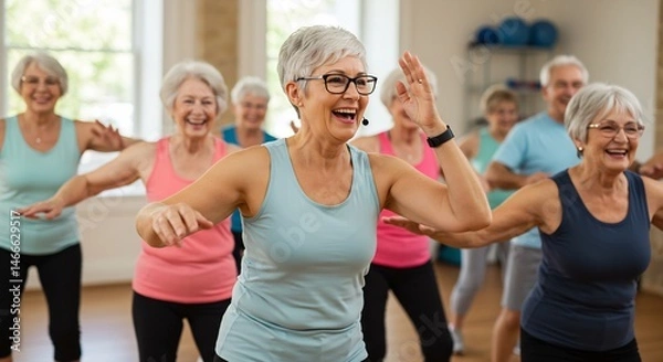 Obraz Happy Senior Citizens Enjoying a Fitness Class, Active Retirement, Group Exercise, Health and Wellness