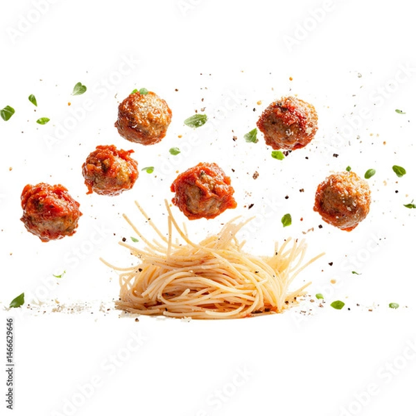 Fototapeta Photographs of meatballs and spaghetti flying in the air, isolated on a white background, a delicious food photoshoot with splashes of tomato sauce