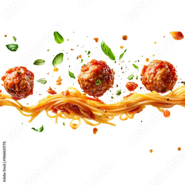 Fototapeta Photographs of meatballs and spaghetti flying in the air, isolated on a white background, a delicious food photoshoot with splashes of tomato sauce