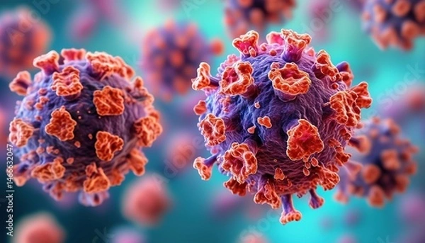 Fototapeta 3D microscopic visualization of viral particles with spike proteins, background for healthcare and science themes
