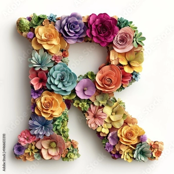 Obraz Floral Letter 'R' Arrangement on White. A colorful, floral arrangement shaped like the letter "R" against a clean, white background, ideal for creative projects.