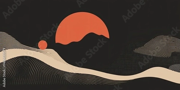 Fototapeta Retro Sunset Abstract landscape with hills and sun in 78 characteres.