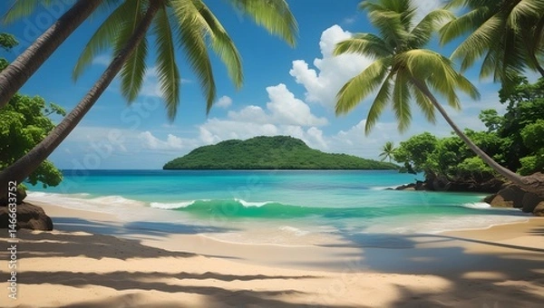 Fototapeta A serene tropical paradise unfolds where coconut palm trees sway gently above the sandy beach, meeting the turquoise sea under a clear summer sky