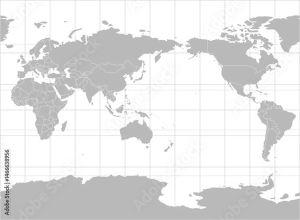 Fototapeta World vector map with country boundaries and graticules in Asia-Pacific view (Miller cylindrical projection, PPT-compatible & fully editable)